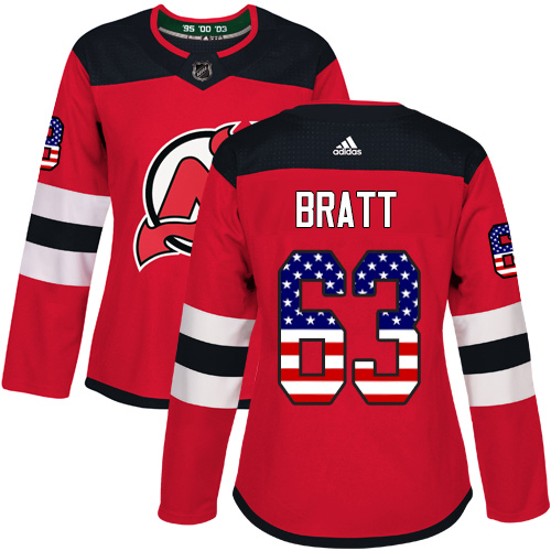 Adidas Devils #63 Jesper Bratt Red Home Authentic USA Flag Women's Stitched NHL Jersey - Click Image to Close